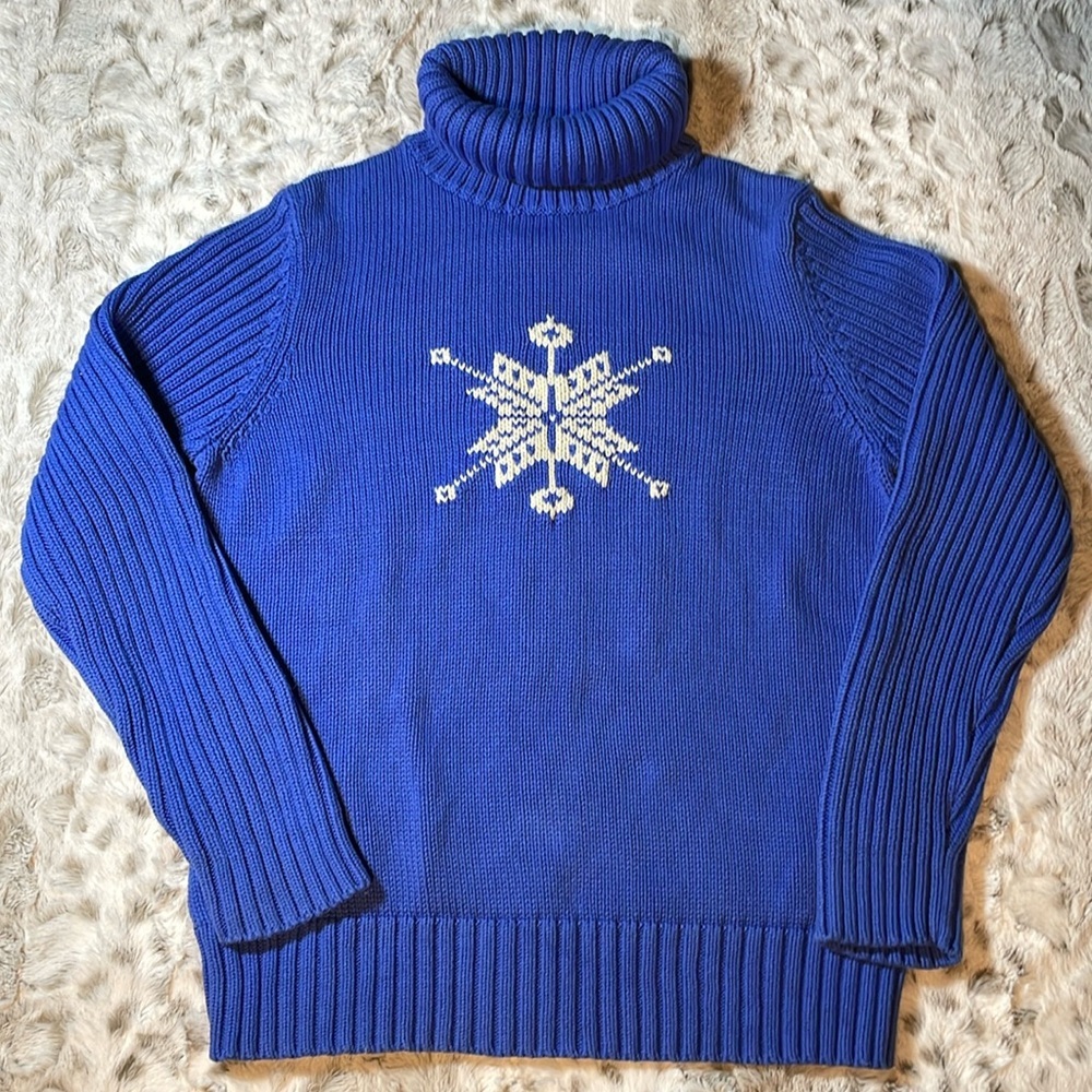 Land’s End 1990’s Blue Knit Turtleneck Sweater with Large Snowflake Design